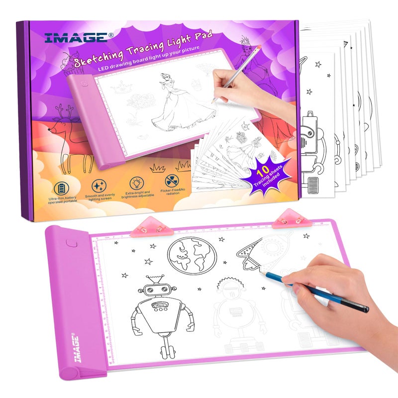 IMAGE Light Up Tracing Pad Pink Drawing Tablet Coloring Board for Kids Children to for Girls Boy (Includes 10 Traceable Sheets and Two Clips) - Image 1